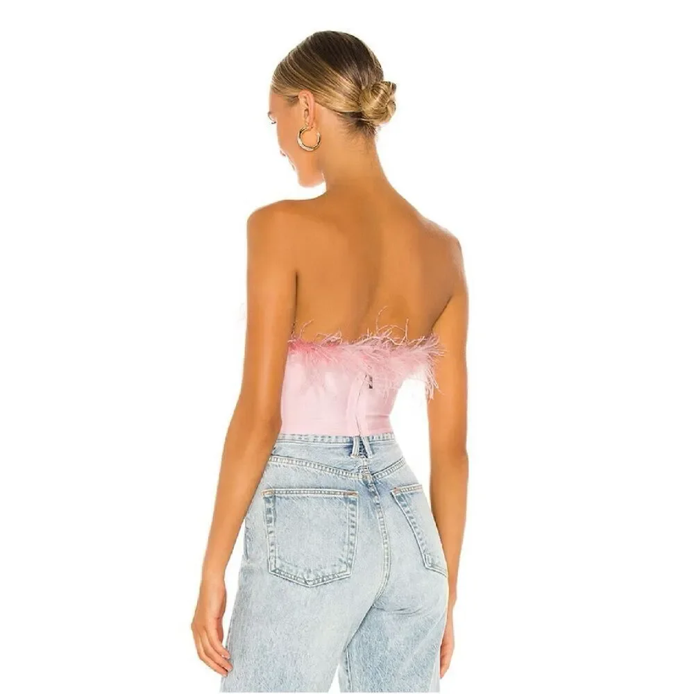 Superdown Ramona Feather Trim Bustier Top in Blush Pink - Picture 4 of 11